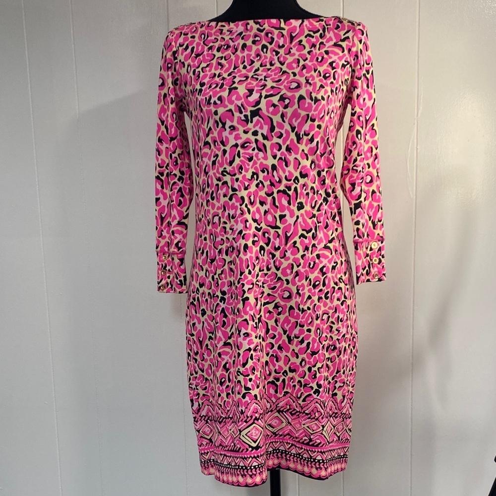Lilly Pulitzer Dress Sophie Pink Leopard Cheetah Long Sleeve Preppy Office XS